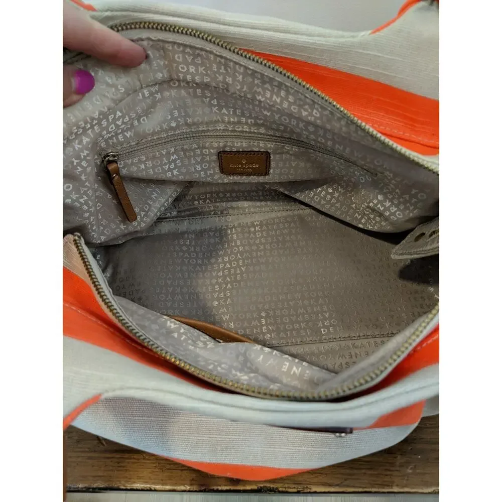 Kate Spade Jubilee Stripe Stevie Shoulder Bag Orange/Khaki Canvas EUC